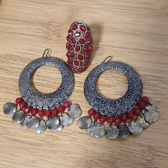 Red and Silver Tassel Crescent Earrings - Picture 4 of 7